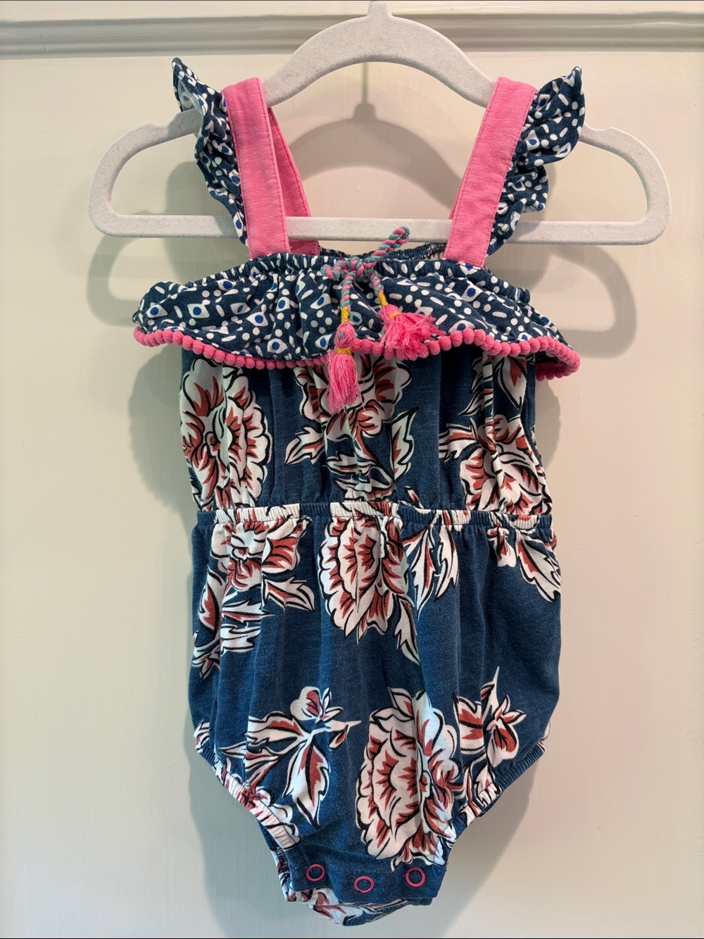 Matilda Jane Blue Summer Romper with Pink Trim Girls 6-12 months